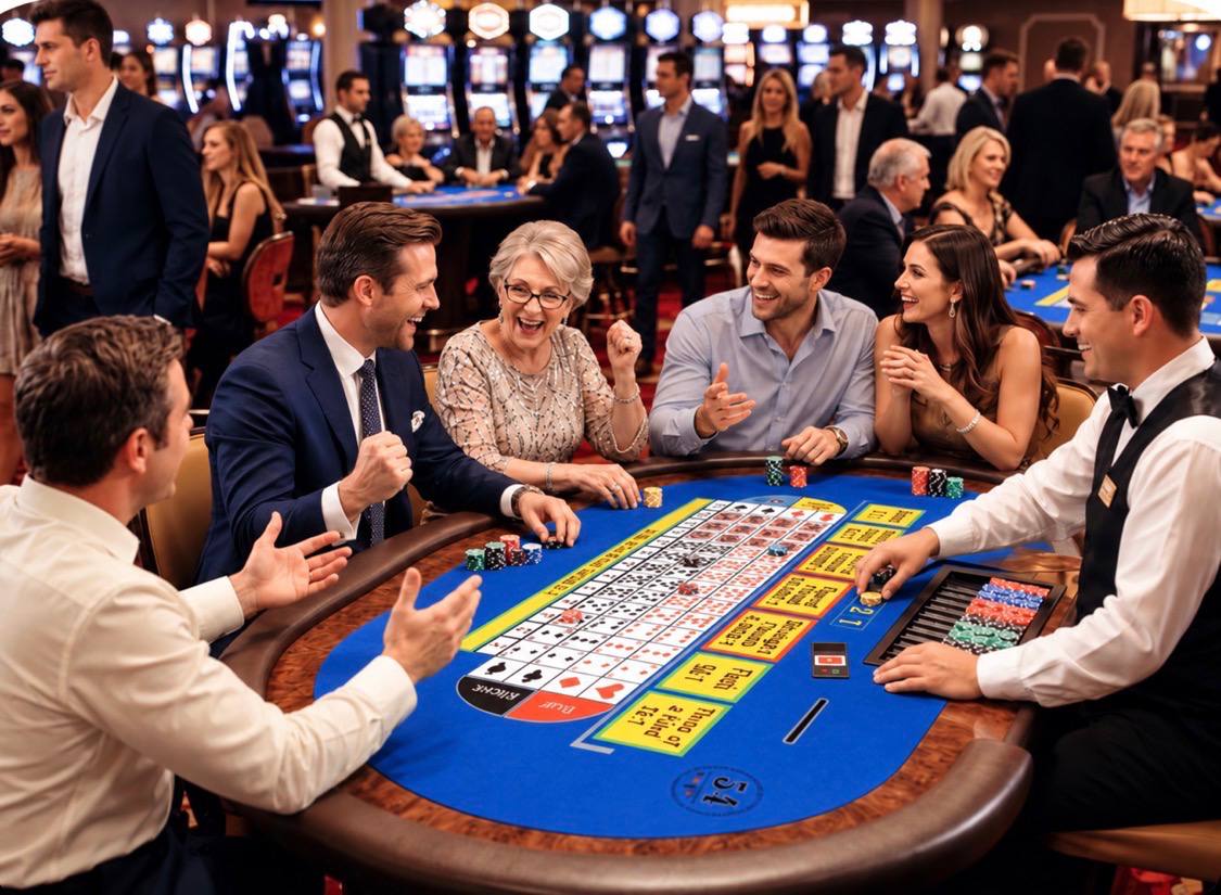 Players celebrating at a 54 Card Roulette table